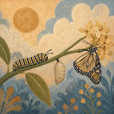 Caterpillar Chrysalis Butterfly Transformation on Garden Stem