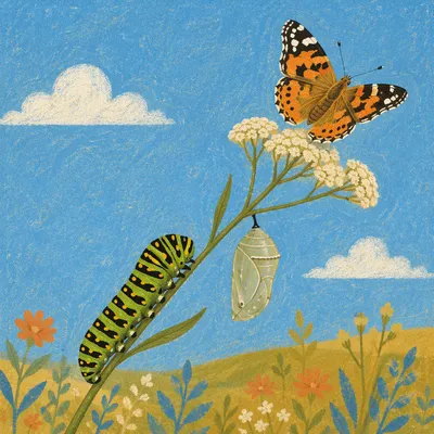 Caterpillar Butterfly Transformation Under Blue Sky