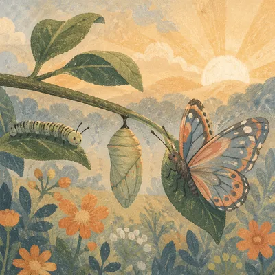 Caterpillar Chrysalis Butterfly Renewal at Sunrise
