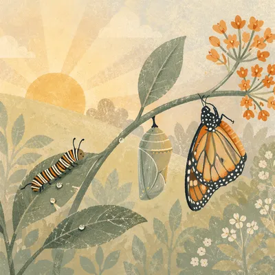 Dawn Butterfly Transformation on Milkweed Stem