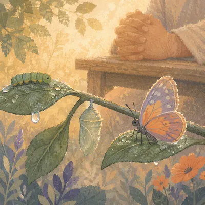 Prayerful Butterfly Transformation on Dewy Branch
