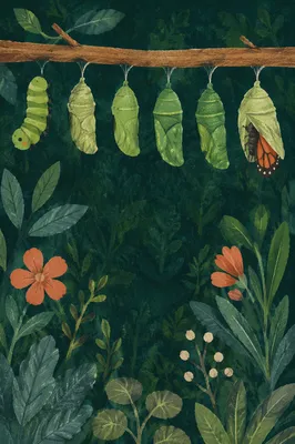 Caterpillar Chrysalis Transformation in Forest Light