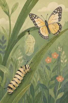 Caterpillar Butterfly Transformation in Morning Meadow