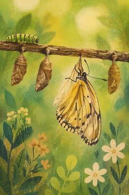 Butterfly Metamorphosis on Spring Green Branch
