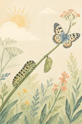 Caterpillar Butterfly Transformation on Meadow Stem