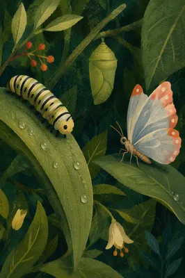 Caterpillar Chrysalis Butterfly Transformation in Emerald Leaves