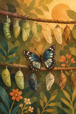 Butterfly Emergence Among Chrysalis Pods
