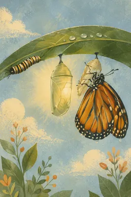 Caterpillar Butterfly Transformation on Morning Leaf