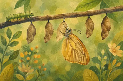 Butterfly Metamorphosis on a Spring Twig