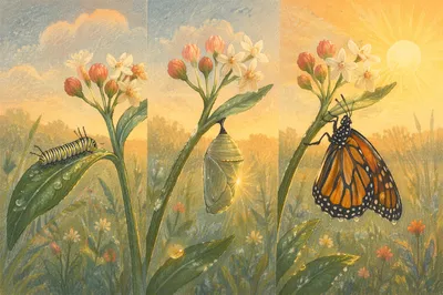 Dawn Butterfly Transformation on Milkweed Stem