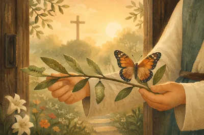Caterpillar Butterfly Transformation in Chapel Doorway