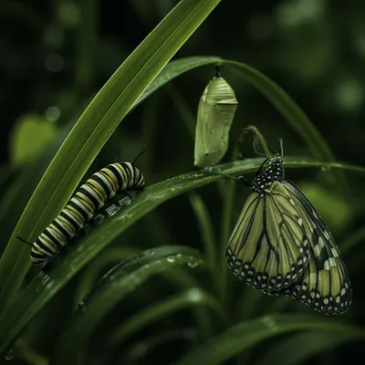Caterpillar Chrysalis Butterfly Transformation in Dewy Leaves