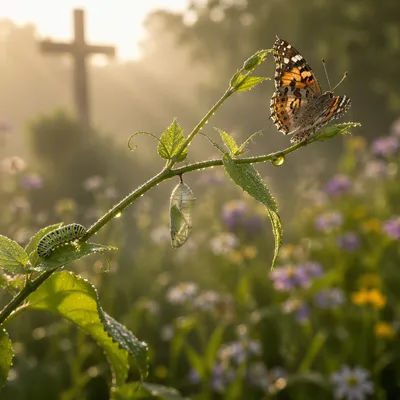 Caterpillar Butterfly Transformation in Chapel Garden