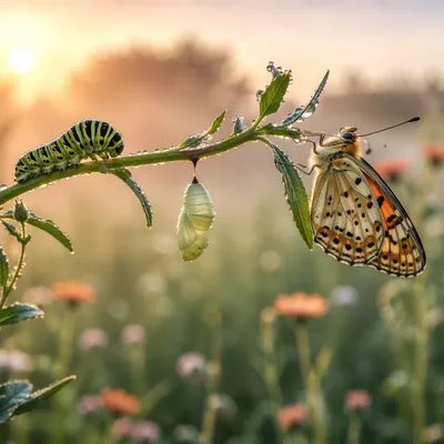 Caterpillar Chrysalis Butterfly on Dewy Branch