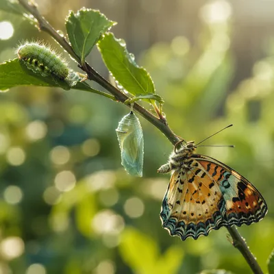 Caterpillar Chrysalis and Butterfly on Garden Stem