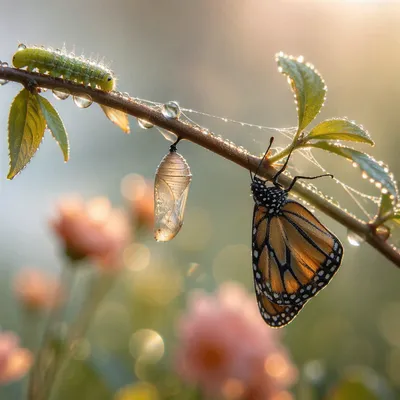Caterpillar Chrysalis and Butterfly on Branch