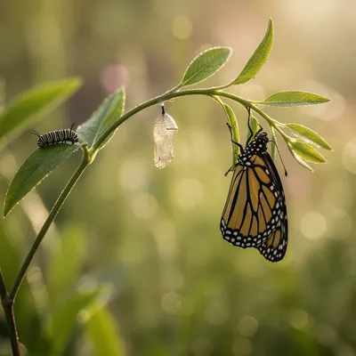 Dawn Butterfly Transformation on Milkweed Stem