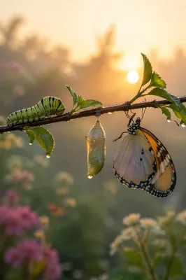 Caterpillar Chrysalis Butterfly on Dewy Branch