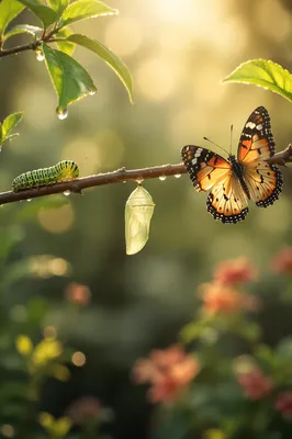Caterpillar Chrysalis Butterfly on Dewy Branch