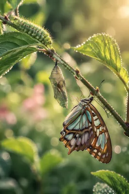 Caterpillar Chrysalis and Butterfly on Garden Stem