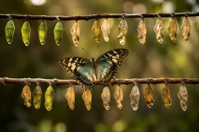 Butterfly Emerging Among Chrysalises in Golden Light