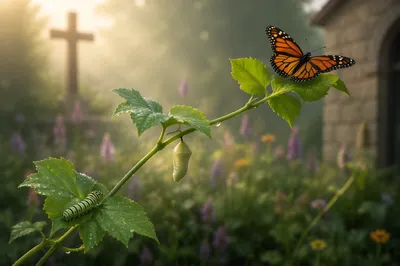 Caterpillar Butterfly Transformation in Chapel Garden