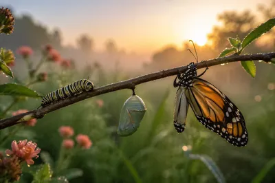 Caterpillar to Butterfly Dawn Transformation Sequence
