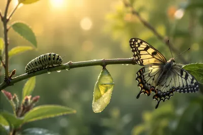 Caterpillar Chrysalis and Butterfly on Branch