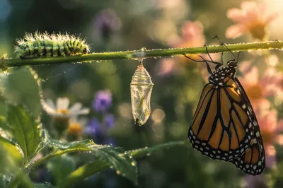 Caterpillar Chrysalis and Butterfly on Branch