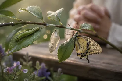 Prayerful Butterfly Transformation on Dewy Branch