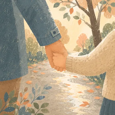 Child Trusting Adult Hand on Rainy Path