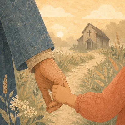 Child Holding Adult Hand Near Chapel