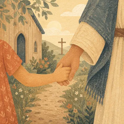 Trusting Child Hand Near Chapel Garden