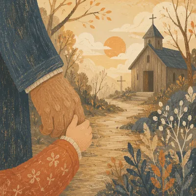Child Holding Adult Hand Near Chapel