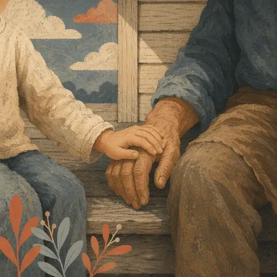 Child Trusting Adult Hand on Wooden Porch
