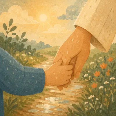 Child Holding Adult Hand in Morning Rain