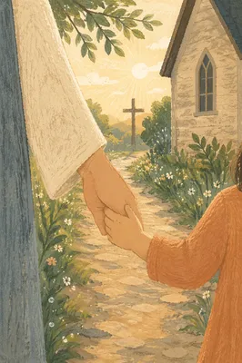 Child Trusting Adult Hand Near Chapel