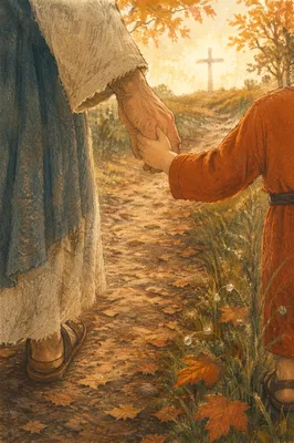 Child Holding Adult Hand Toward Wooden Cross