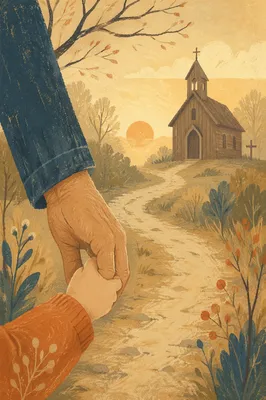 Child Trusting Adult Hand Near Country Chapel