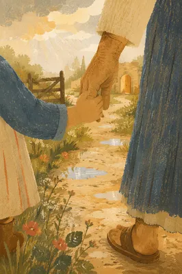 Child Holding Adult Hand on Rainy Path