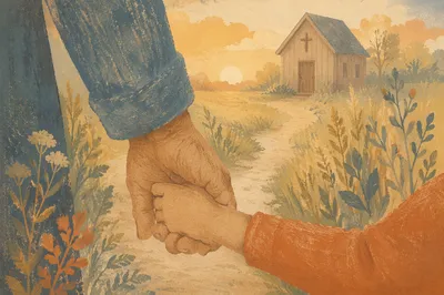 Child Holding Adult Hand Near Countryside Chapel
