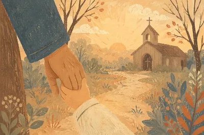 Child Holding Adult Hand Near Chapel