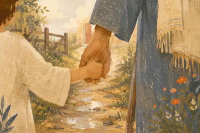 Child Holding Adult Hand on Rainy Path
