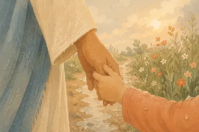 Child Holding Adult Hand on Rainy Path