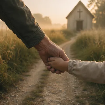 Child Holding Adult Hand Near Chapel