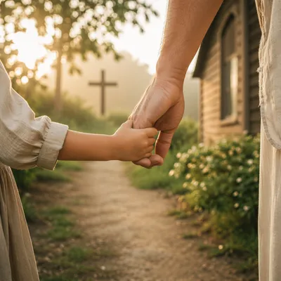 Child Holding Adult Hand by Chapel