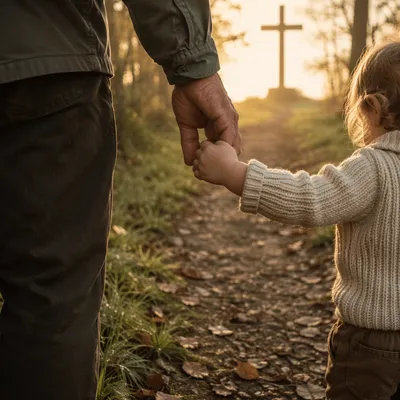 Child Holding Adult Hand Toward Cross