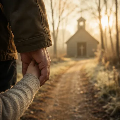 Child Holding Adult Hand Near Country Chapel
