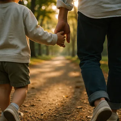 Child Holding Adult Hand on Park Path