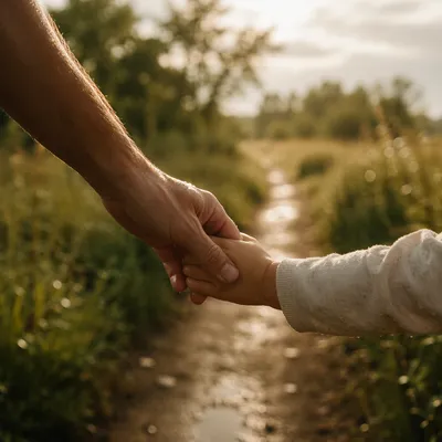Child Holding Adult Hand on Rainy Path